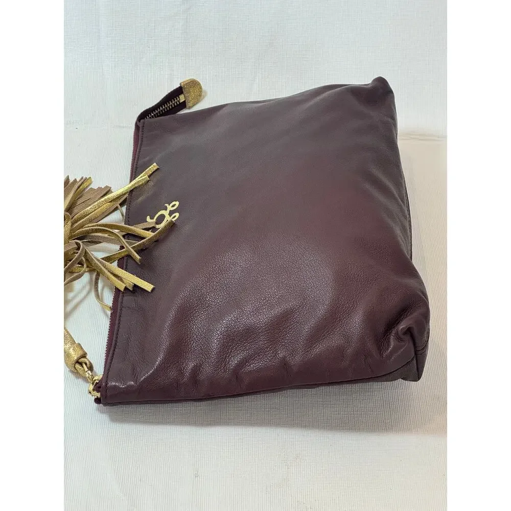 Figue Burgundy Leather Clutch Handbag Gold Tassel Logo With Dust Bag - Picture 4 of 9